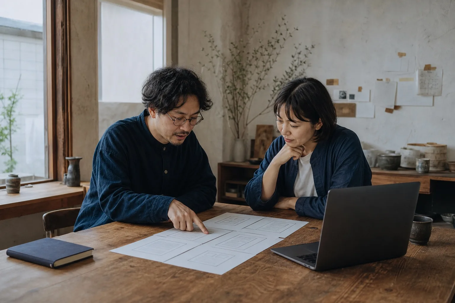 打ち合わせで資料を見ながら、サイトに載せる内容を一緒に整理している様子